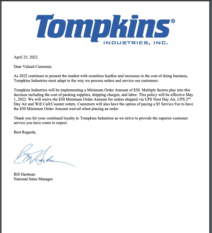 Minimum order and shipping info