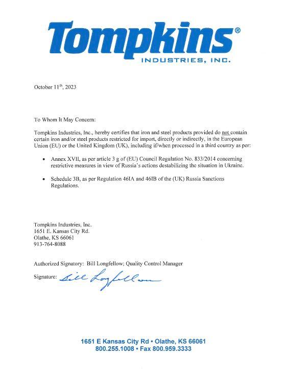 Russian Iron and Steel Declaration Letter